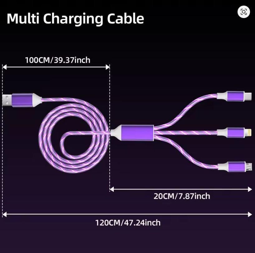 3 in 1 Green LED USB Cable Charging Cable Multi Charger iPhone Lightening Type C