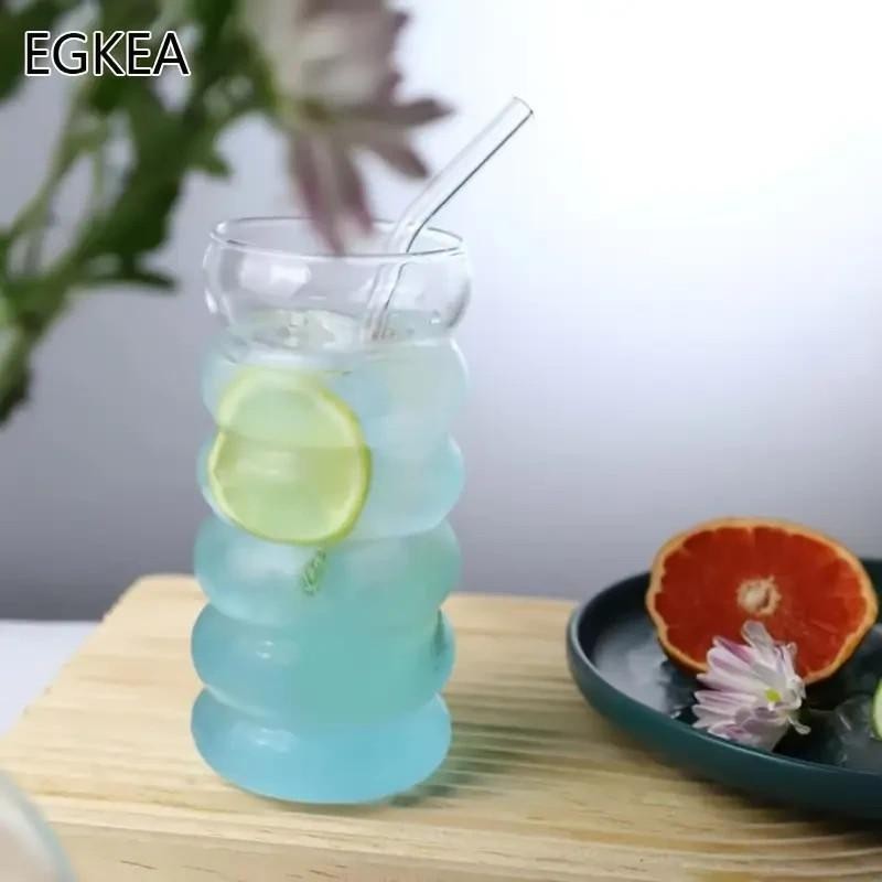 x2 470ml Ribbed Glasses with Straws Transparent Glass Cup Summer Mug Gift UK