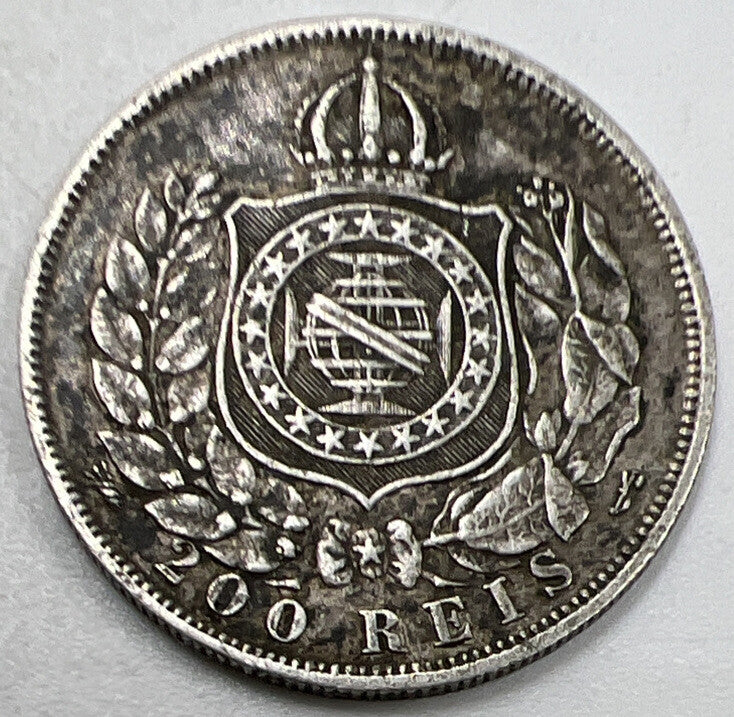 1868 Brazil 200 Reis Silver Coin | Fine Collectable Grade | a943