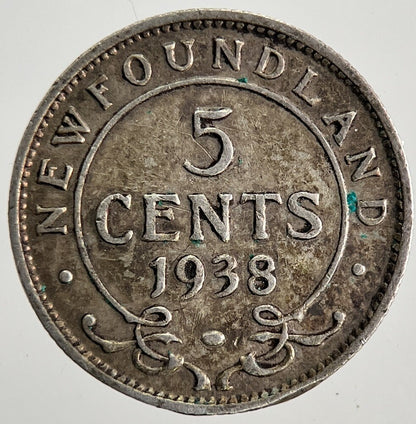 1938 New - Foundland Canada 5 Cents Silver Coin | Fine Collectable Grade | a9792