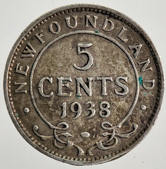 1938 New - Foundland Canada 5 Cents Silver Coin | Fine Collectable Grade | a9792