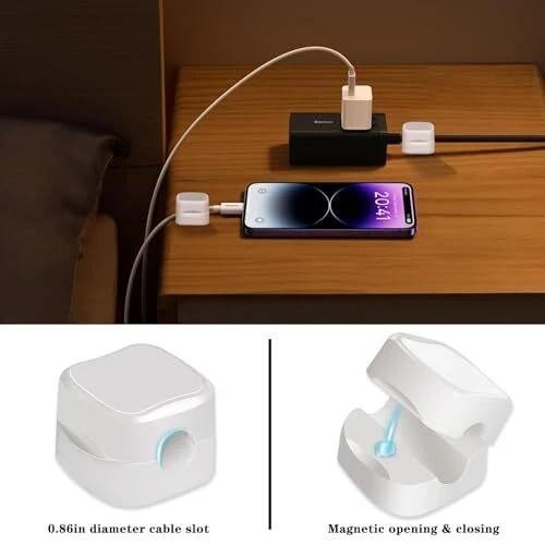 4 x White Magnetic Charger Cable Holders Phone iPhone Samsung For Car Desk Table