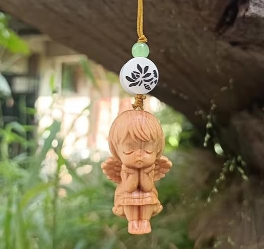 Mini Carved Wooden Cute Sitting Fairy Charm Keyring Keychain Phone Strap Gift UK