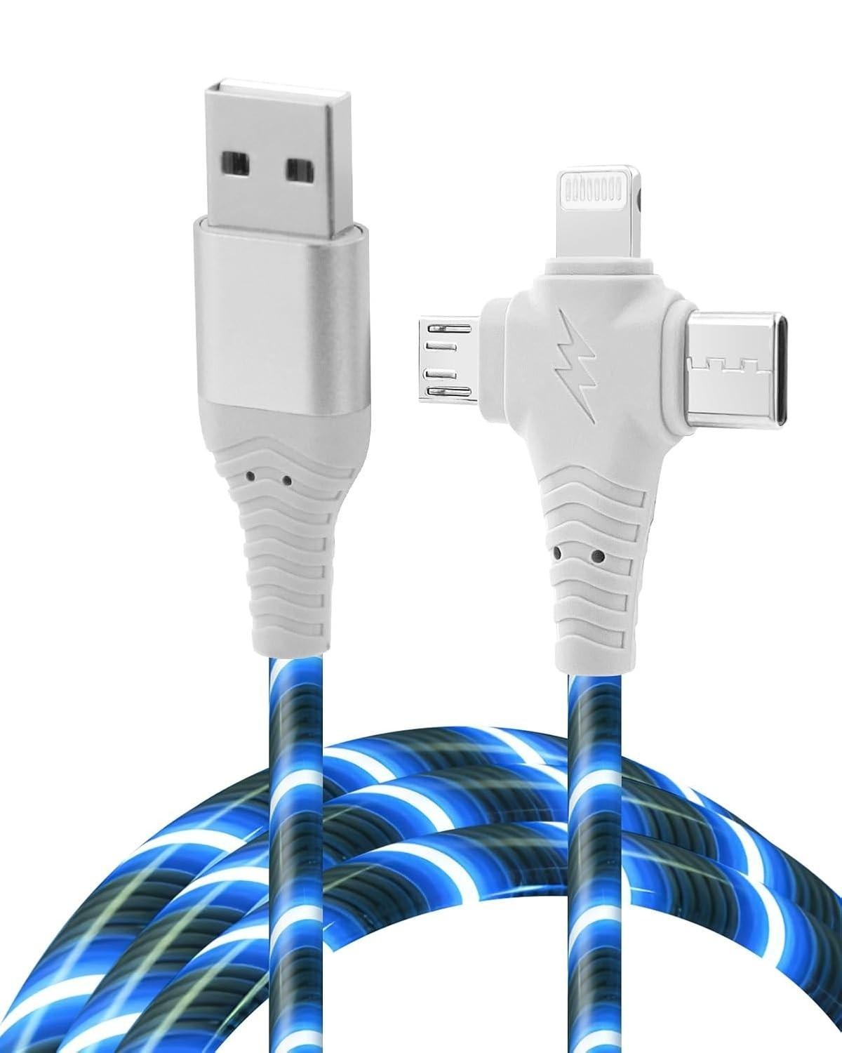 3 in 1 Blue 2M 2 Meter LED USB Cable Multi Charger iPhone Lightening Type C