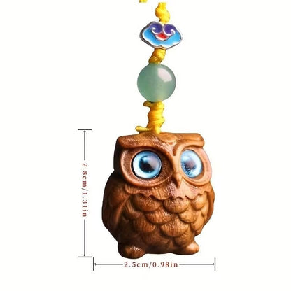 Mini Carved Wooden Blue Eyed Owl Charm Keyring Keychain Phone Srap Gift UK