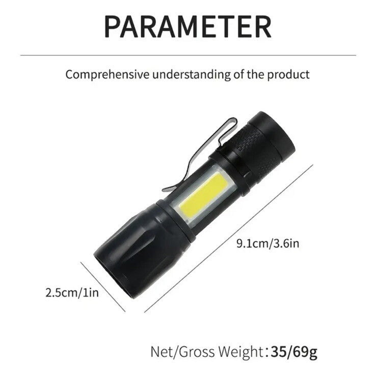 Black Mini Rechargeable Flash - Light Compact With Clip & Charge Cable UK Stock