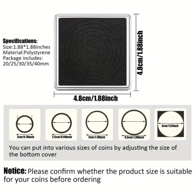 2 x Square Coin Protective Capsule Black Adjustable Foam Insert Rings 20mm - 40mm