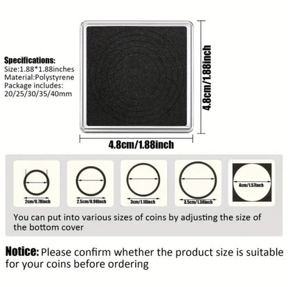 2 x Square Coin Protective Capsule Black Adjustable Foam Insert Rings 20mm - 40mm