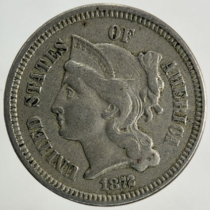 1872 US USA 3 III Cents Nickel Coin | Fine Collectable Grade