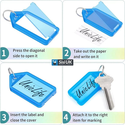 8 x Clear Yellow Plastic Key - Ring ID Tags Name Label Key Fob Tag - UK Stock