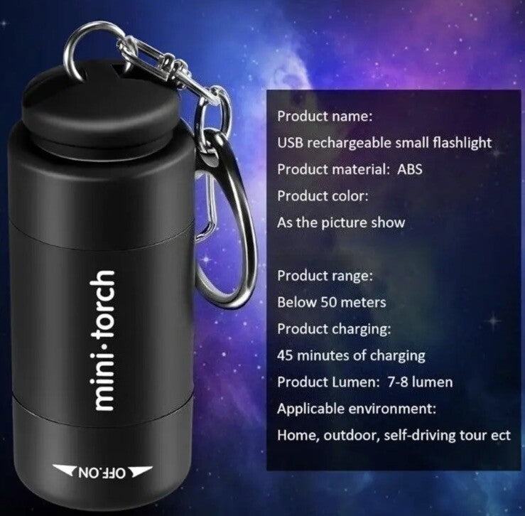 Mini Black Torch Flash - Light Rechargeable USB Keyring Premium Keychain Gift UK