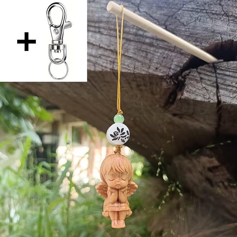 Mini Carved Wooden Cute Sitting Fairy Charm Keyring Keychain Phone Strap Gift UK