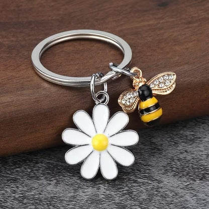 Metal Honey Bee & Daisy Charm Keyring Keychain Gift UK