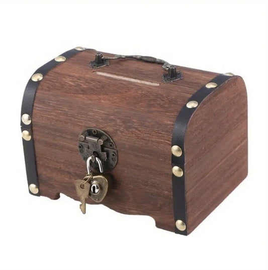 Rustic Vintage Wooden Treasure Chest Coin Savings Box with Lock & Key