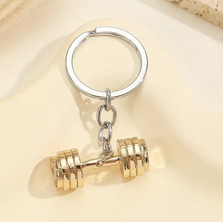Metal Golden Coloured Gym Dunbell Shaped Keyring Premium Keychain Gift UK