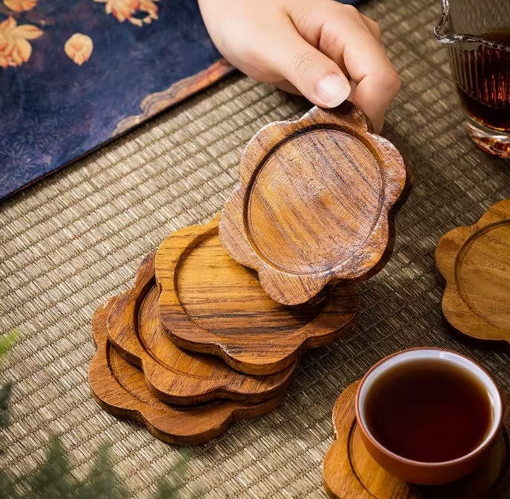 1 x Wooden Carved Flower Shaped Coaster Tabletop Coffee Drink Rustic Tray