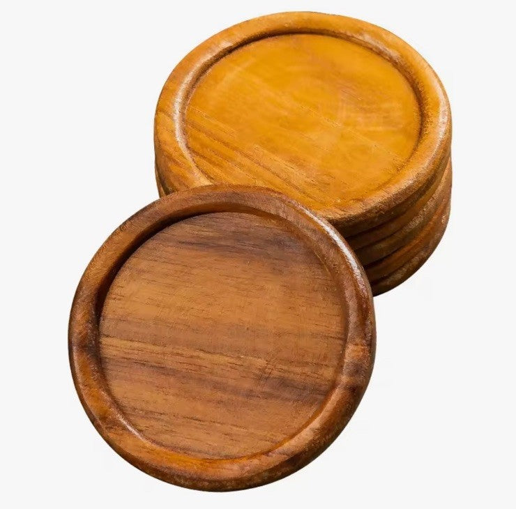1 x Wooden Carved Round Shaped Coaster Tabletop Coffee Drink Rustic Tray