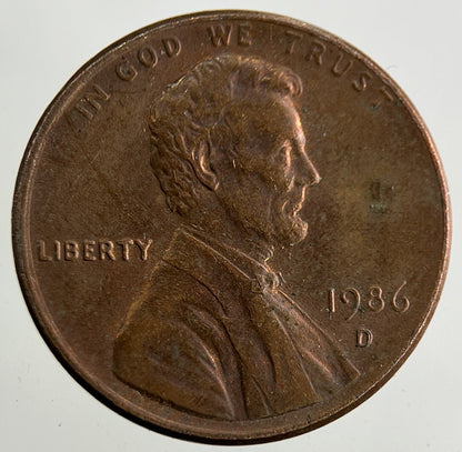 1986 - D US USA Lincoln One Cent Coin | Fine Collectable Grade