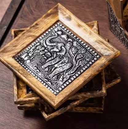 1 x Wooden Carved Coaster With Metal Elephant Liner Tabletop Coffee Drink Tray