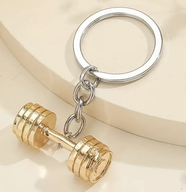 Metal Golden Coloured Gym Dunbell Shaped Keyring Premium Keychain Gift UK