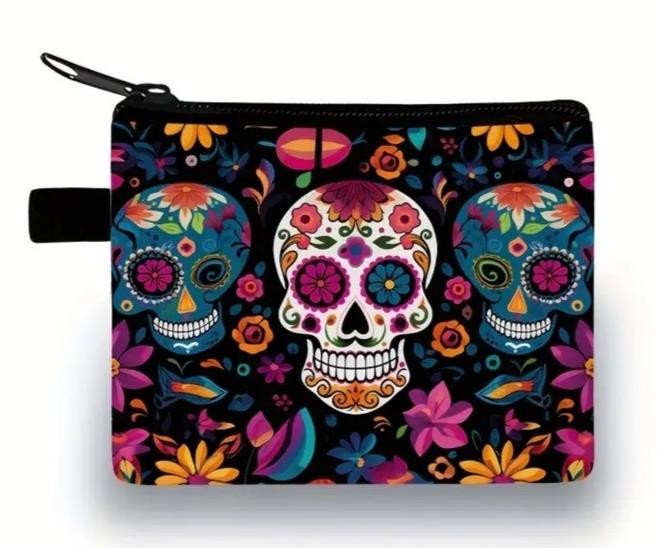Colourful Flower Skull Zipper For Coins Keys Card Small Essentials Pouch Gift UK