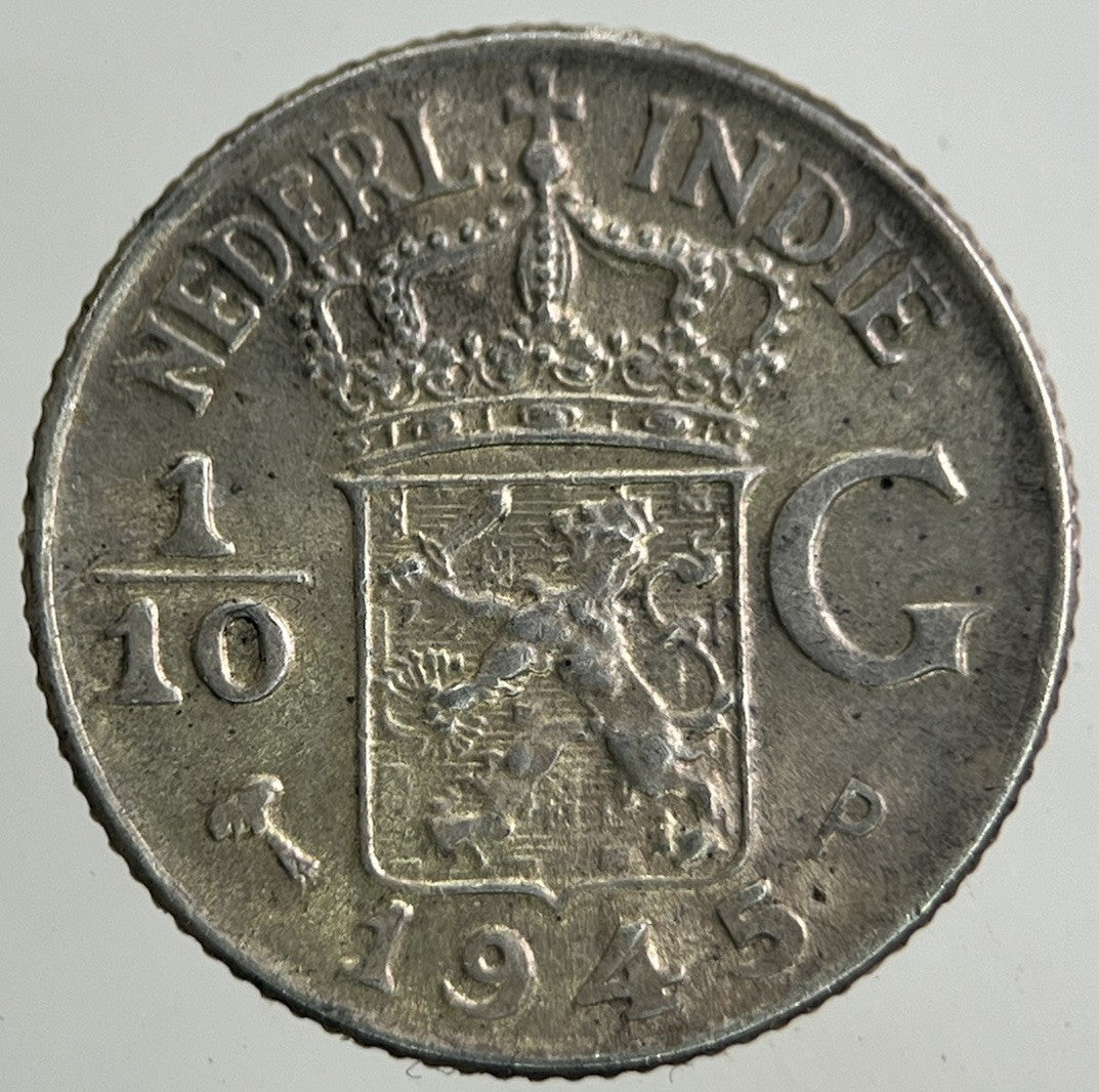 1945 Netherlands 1/10 Gulden East Indies Silver Coin | Very High Grade
