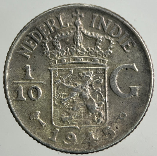 1945 Netherlands 1/10 Gulden East Indies Silver Coin | Very High Grade