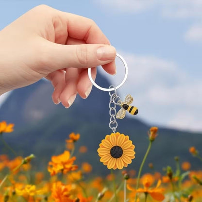 Metal Honey Bee & Sunflower Charm Keyring Keychain Gift UK