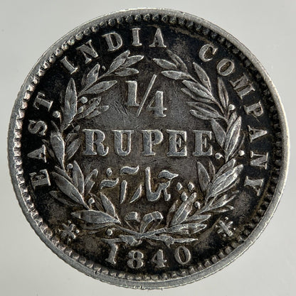 1840 East India Company 1/4 Quarter Rupee Silver Coin | Fine Collectable Grade