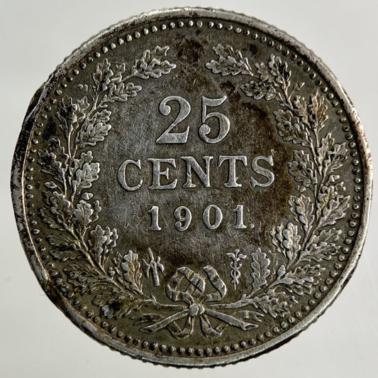 1901 Netherlands 25 Cents Silver Coin | Fine Collectable Grade