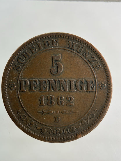 1862 - B Germany 5 Pfennig Coin | Fine Collectable Grade