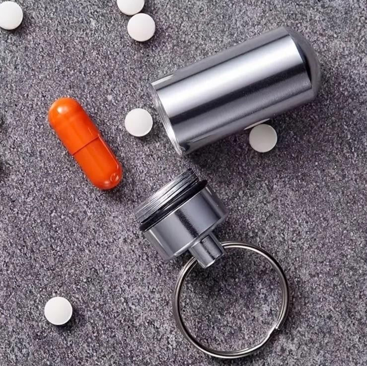 Black Metal Pill Holder Small Case Portable Travel Pill Box Keychain Keyring UK