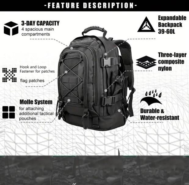 Black Large Capacity Backpack, 40L - 60L Sports Bag Outdoor Camping Hiking Travel