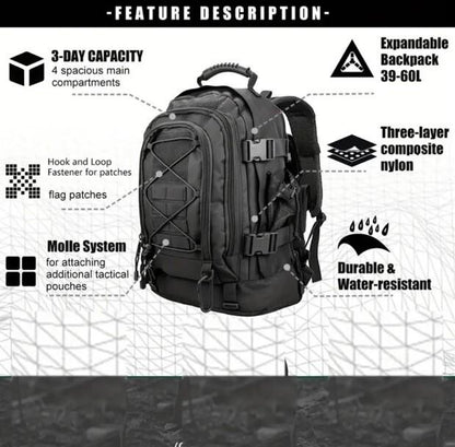 Black Large Capacity Backpack, 40L - 60L Sports Bag Outdoor Camping Hiking Travel