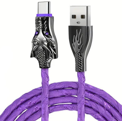 Purple Glowing Dragon USB A To Type C Cable 100W Fast Charger Data Transfer 1M