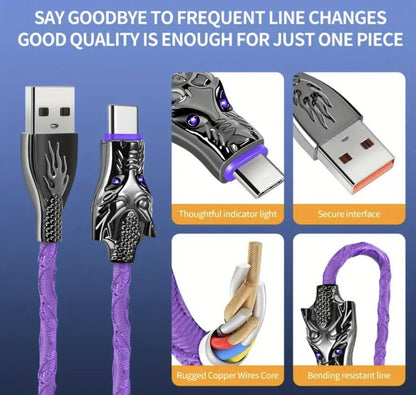 Red Glowing Dragon USB A To Type C Cable 100W Fast Charger Data Transfer 1M