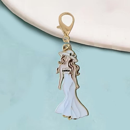 Mini Metal Elegant Lady in White Dress Keyring Premium Keychain Gift UK