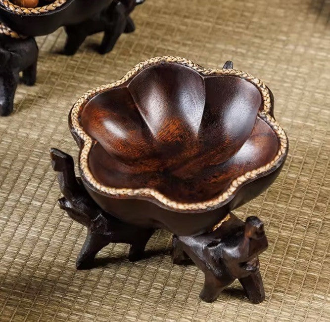 Wooden Hand Carved Elephant Tabletop Nuts seeds Fruit Sweet Tray Bowl Dish
