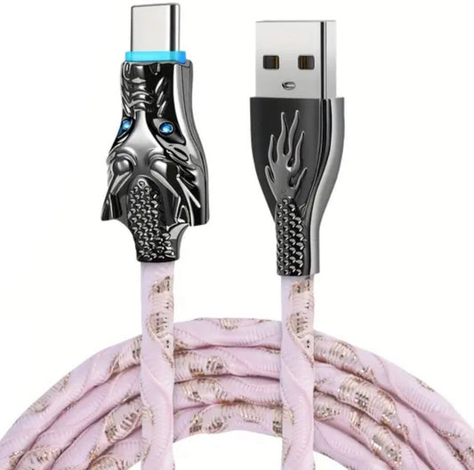 Pink Glowing Dragon USB A To Type C Cable 100W Fast Charger Data Transfer 1M