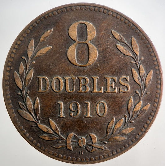 1910 Guernsey 8 Doubles Coin | Fine Collectable Grade | a5718