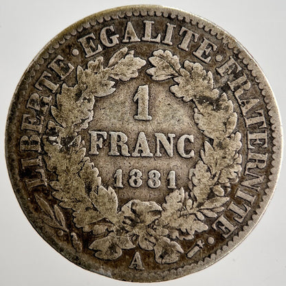 1881 - A French 1 One Franc Silver Coin | Collectable Grade | a2506
