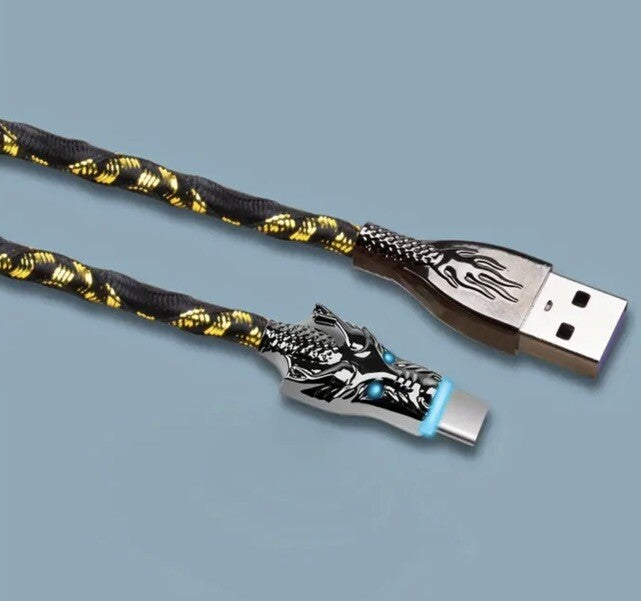 Black Glowing Dragon USB A To Type C Cable 100W Fast Charger Data Transfer 1M