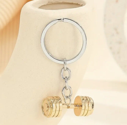 Metal Golden Coloured Gym Dunbell Shaped Keyring Premium Keychain Gift UK