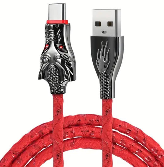 Red Glowing Dragon USB A To Type C Cable 100W Fast Charger Data Transfer 1M