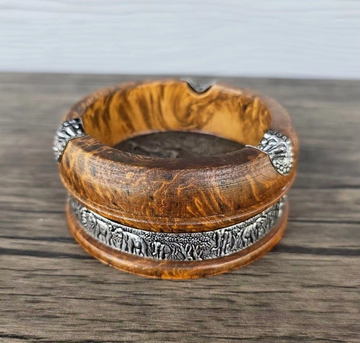Wooden Carved Ashtray With Metal Elephant Liner Tabletop Cigarette Cigar Tray