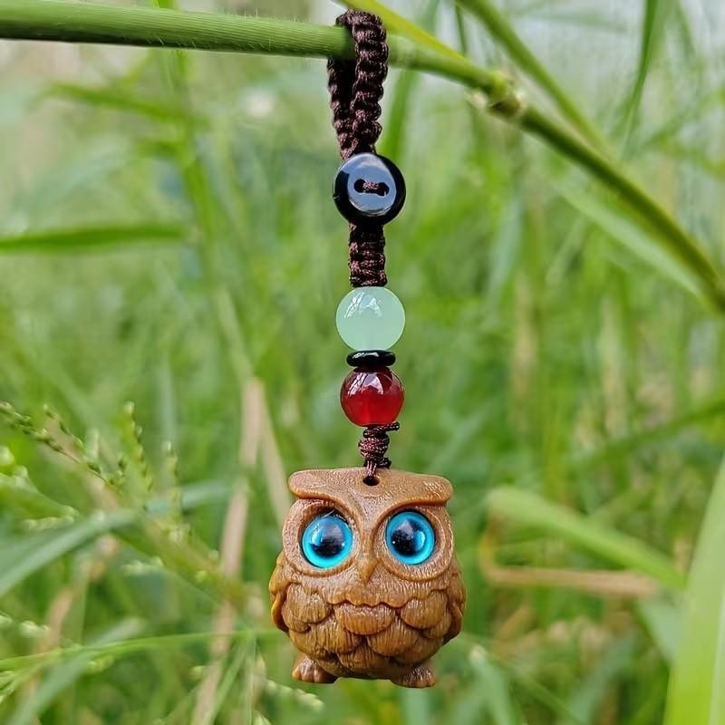 Mini Carved Wooden Blue Eyed Owl Charm Keyring Keychain Gift UK
