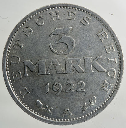 1922 Germany 3 Mark Coin | Fine Collectable Grade