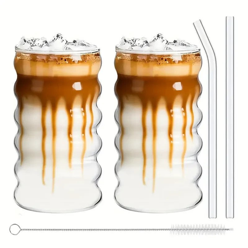 x2 470ml Ribbed Glasses with Straws Transparent Glass Cup Summer Mug Gift UK