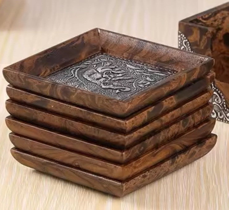 1 x Wooden Carved Coaster With Metal Elephant Liner Tabletop Coffee Drink Tray
