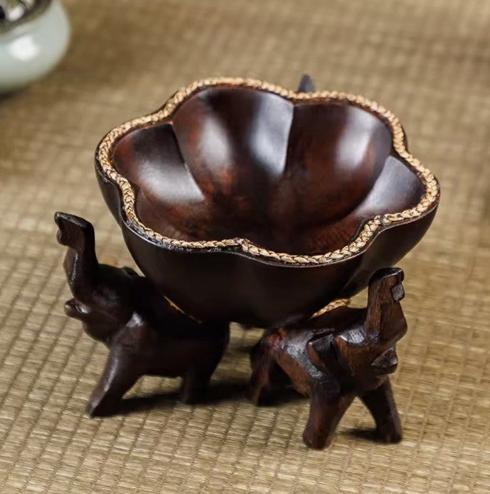 Wooden Hand Carved Elephant Tabletop Nuts seeds Fruit Sweet Tray Bowl Dish